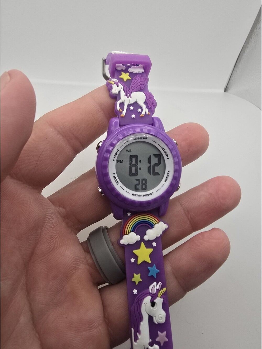 JNEW Digital Day Date Alarm Chrono Unicorn Rainbow Band Watch Purple